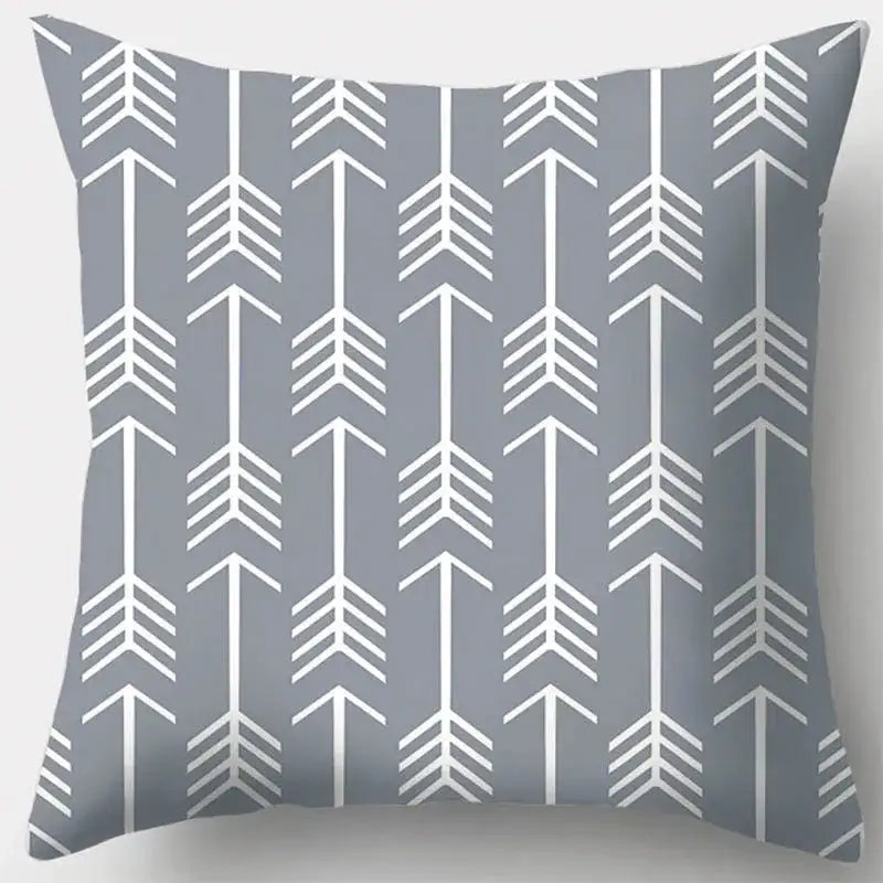 Grey geometry patterned pillow case with white arrow design on gray fabric for living room decor