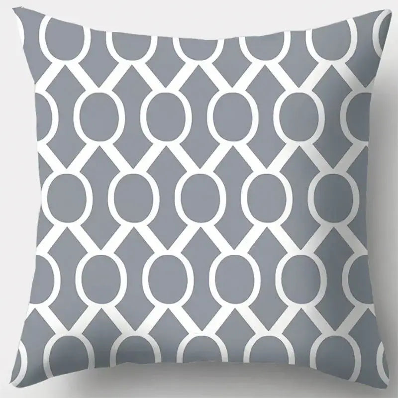 Grey geometry patterned throw pillow case featuring white circles and diamonds for living room decor