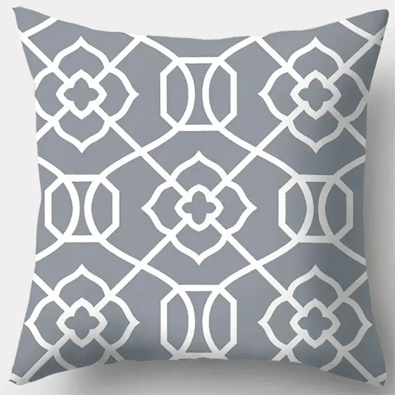 Grey throw pillow case with white geometric lattice pattern ideal for living room decor featuring grey geometry design