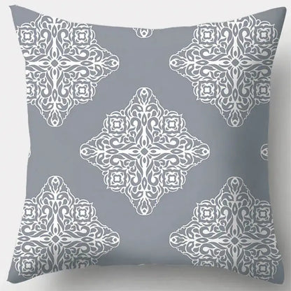 Gray throw pillow case with white ornate damask pattern featuring grey geometry leaves for living room decor