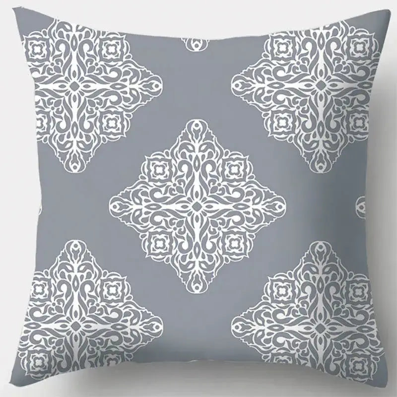 Gray throw pillow case with white ornate damask pattern featuring grey geometry leaves for living room decor