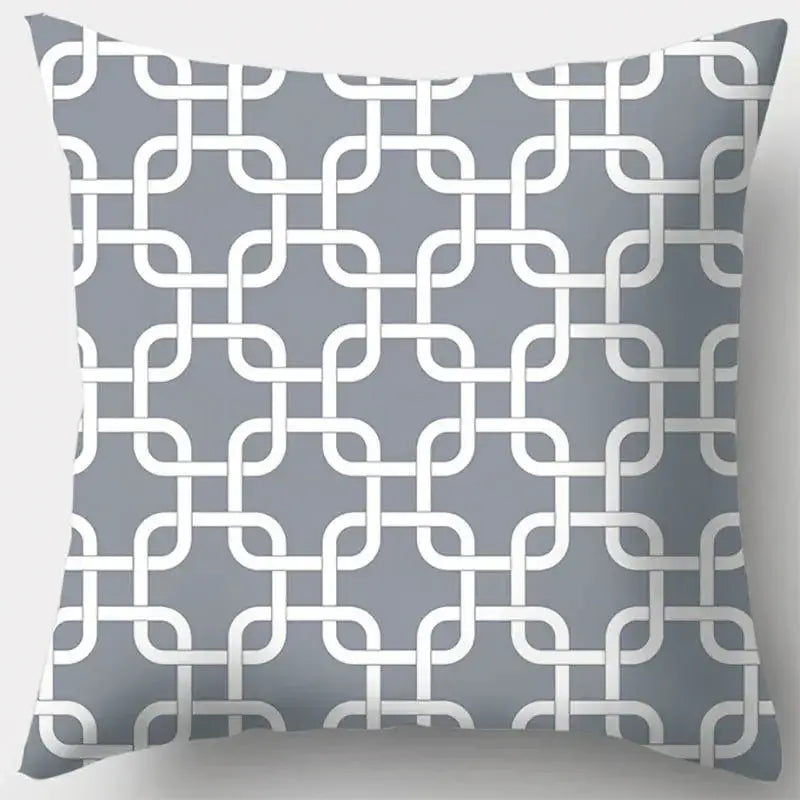 Gray throw pillow case with white geometric chain-link pattern for living room decor with grey geometry design
