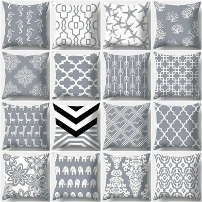 Grey geometry patterned pillow case with seahorses stars arrows elephants and damask for living room decor