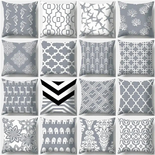 Grey geometry patterned pillow case with seahorses stars arrows elephants and damask for living room decor