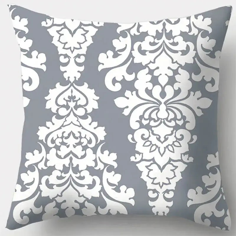 Gray and white damask patterned pillow case featuring grey geometry leaves for elegant living room decor