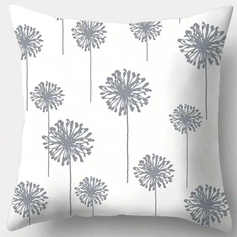 White throw pillow case with grey geometry dandelion seed heads pattern for elegant living room decor