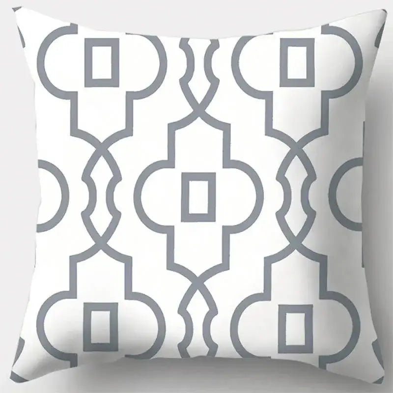 White throw pillow case with grey geometry leaves pattern for living room decor and soft home accent