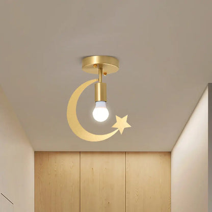 DecorBites™ DecorBites™ Grey/Gold Crescent & Star Kids Flush Mount Lighting - 1-Light Iron Ceiling Light for Corridor