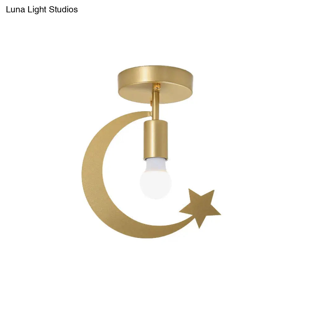 DecorBites™ DecorBites™ Grey/Gold Crescent & Star Kids Flush Mount Lighting - 1-Light Iron Ceiling Light for Corridor