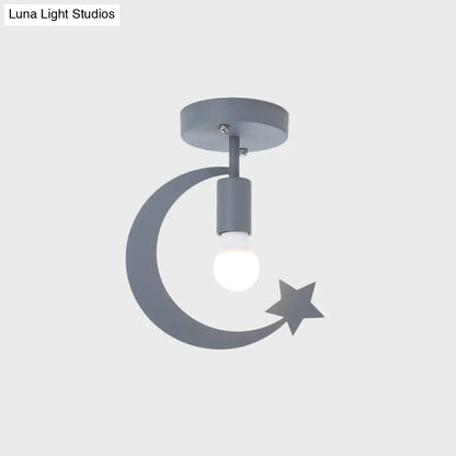 DecorBites™ DecorBites™ Grey/Gold Crescent & Star Kids Flush Mount Lighting - 1-Light Iron Ceiling Light for Corridor