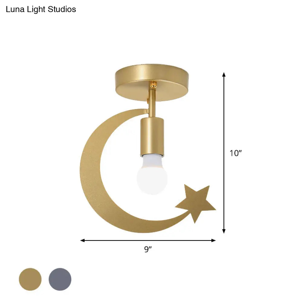 DecorBites™ DecorBites™ Grey/Gold Crescent & Star Kids Flush Mount Lighting - 1-Light Iron Ceiling Light for Corridor