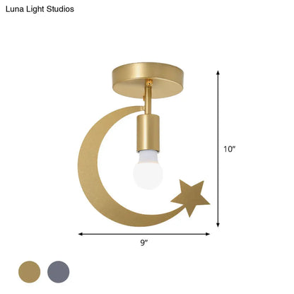 DecorBites™ DecorBites™ Grey/Gold Crescent & Star Kids Flush Mount Lighting - 1-Light Iron Ceiling Light for Corridor
