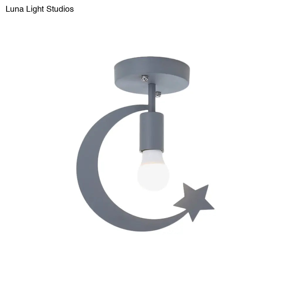 DecorBites™ DecorBites™ Grey/Gold Crescent & Star Kids Flush Mount Lighting - 1-Light Iron Ceiling Light for Corridor