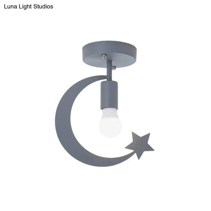 DecorBites™ DecorBites™ Grey/Gold Crescent & Star Kids Flush Mount Lighting - 1-Light Iron Ceiling Light for Corridor