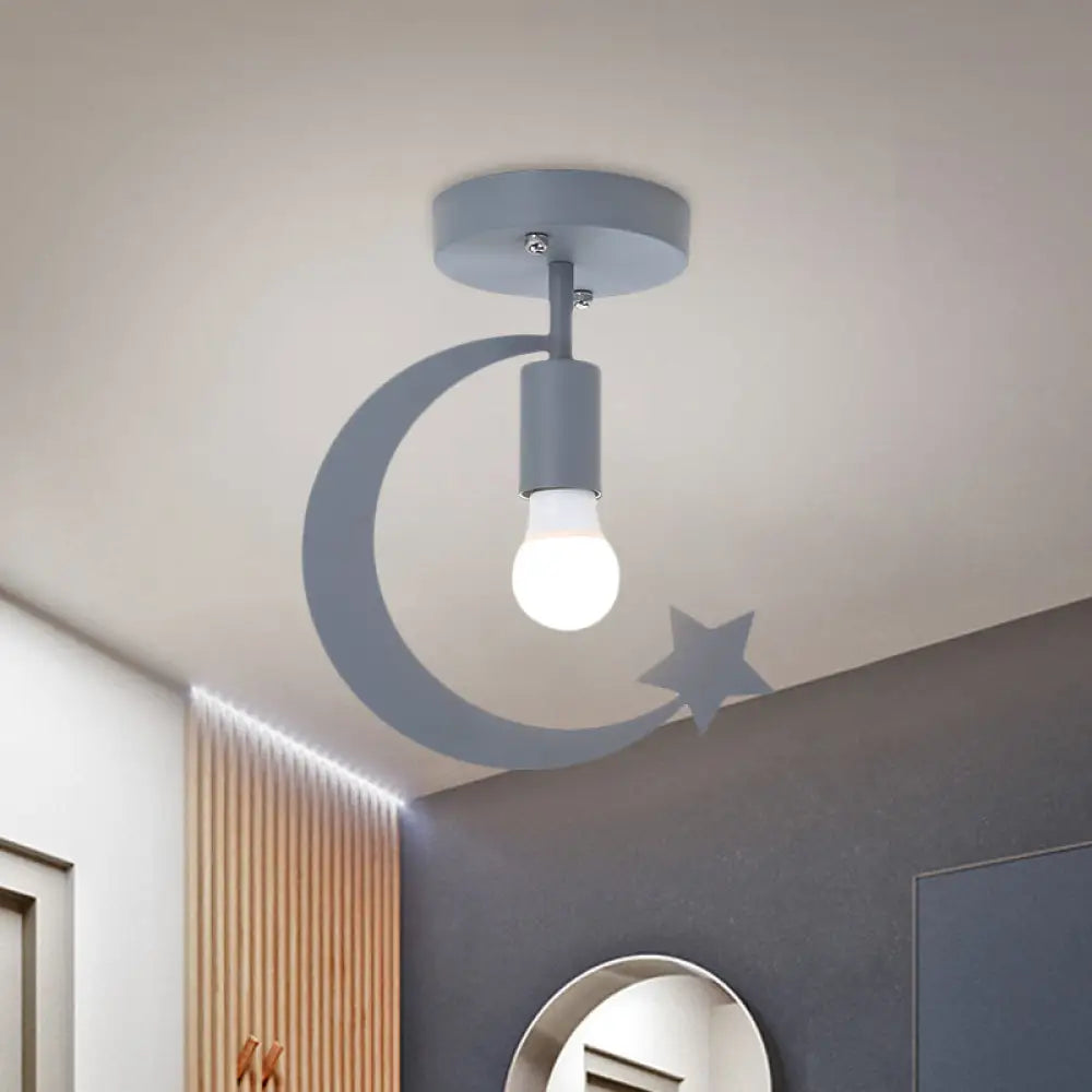 DecorBites™ DecorBites™ Grey/Gold Crescent & Star Kids Flush Mount Lighting - 1-Light Iron Ceiling Light for Corridor