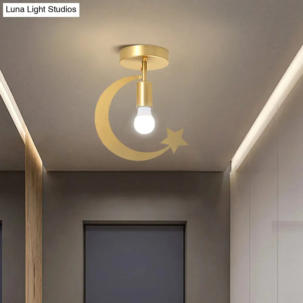 DecorBites™ DecorBites™ Grey/Gold Crescent & Star Kids Flush Mount Lighting - 1-Light Iron Ceiling Light for Corridor