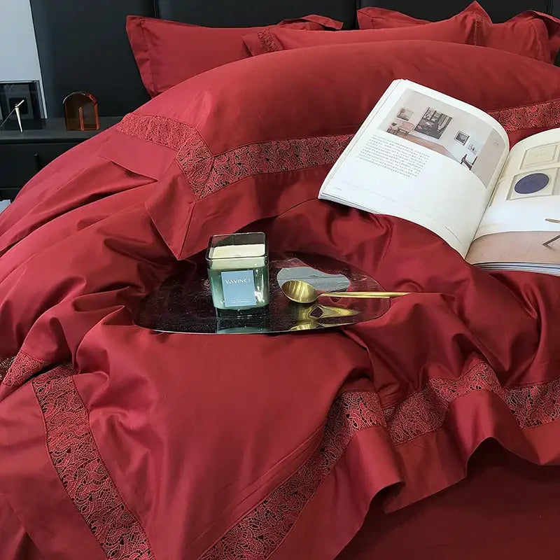 Deep red satin bedding set with delicate lace trim complementing decorbites grey hollow lace egyptian cotton bedding set