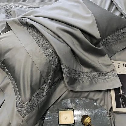 Gray satin pillowcases with delicate silver lace trim from decorbites grey hollow lace egyptian cotton bedding set