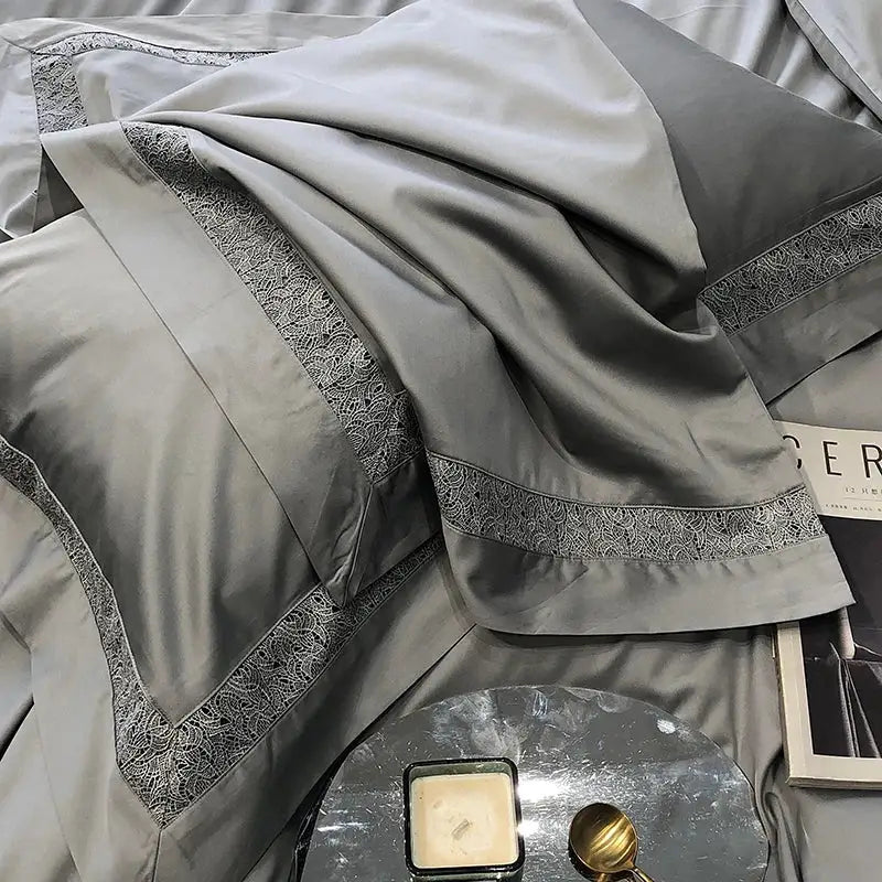 Gray satin pillowcases with delicate silver lace trim from decorbites grey hollow lace egyptian cotton bedding set