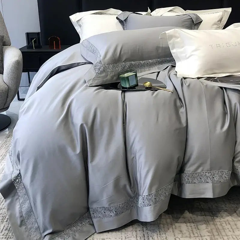 Gray satin egyptian cotton bedding set with delicate silver lace trim and matching pillows for decorbites grey hollow decor