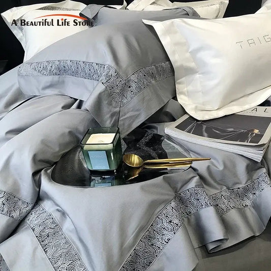 Grey satin bedding set with delicate silver lace trim from decorbites grey hollow lace egyptian cotton bedding set