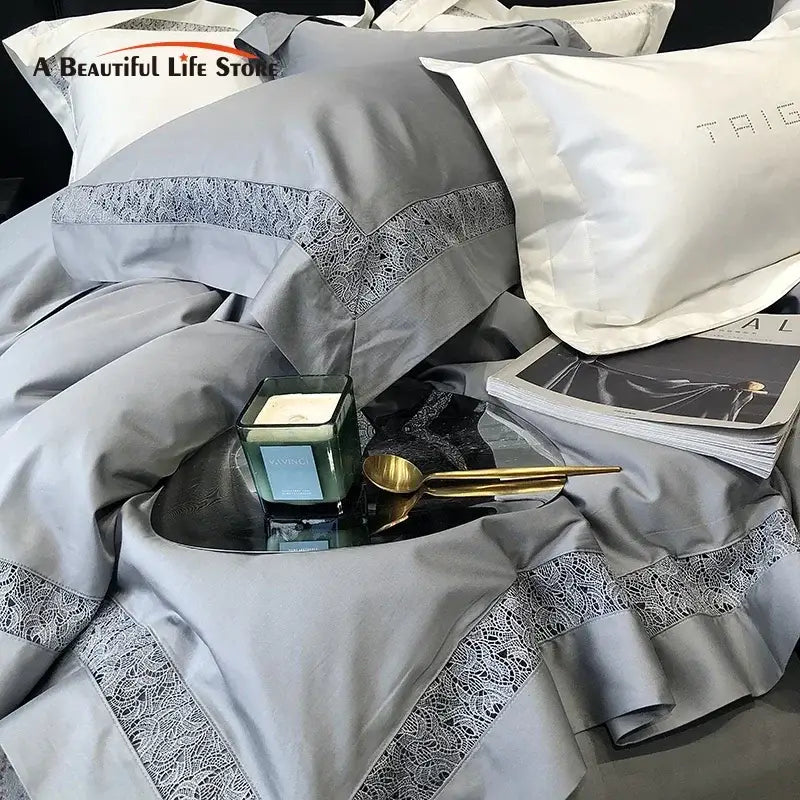 Grey satin bedding set with delicate silver lace trim from decorbites grey hollow lace egyptian cotton bedding set