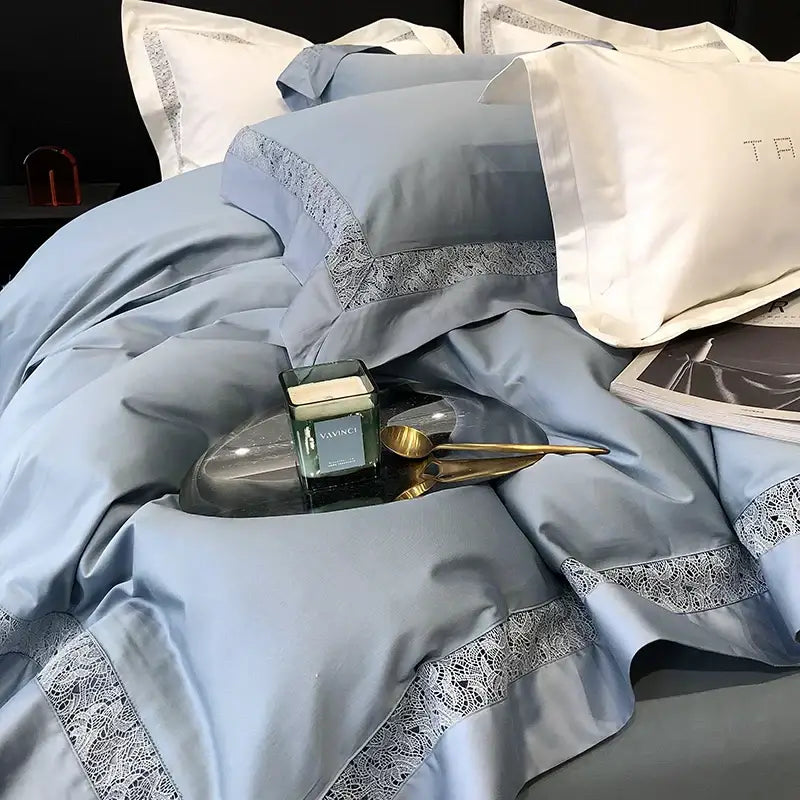 Light blue satin bedding set with delicate silver lace trim for decorbites grey hollow lace egyptian cotton bedding set