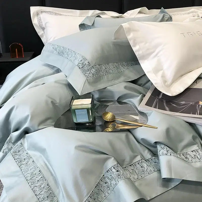 Light blue satin bedding set with white lace trim and embroidery in decorbites grey hollow lace egyptian cotton style