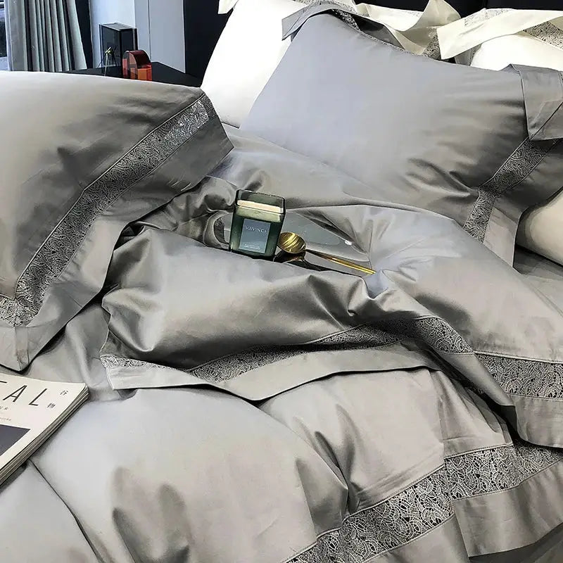 Luxurious grey hollow lace egyptian cotton bedding set with intricate silver lace trim for elegant bedroom decorbites decor