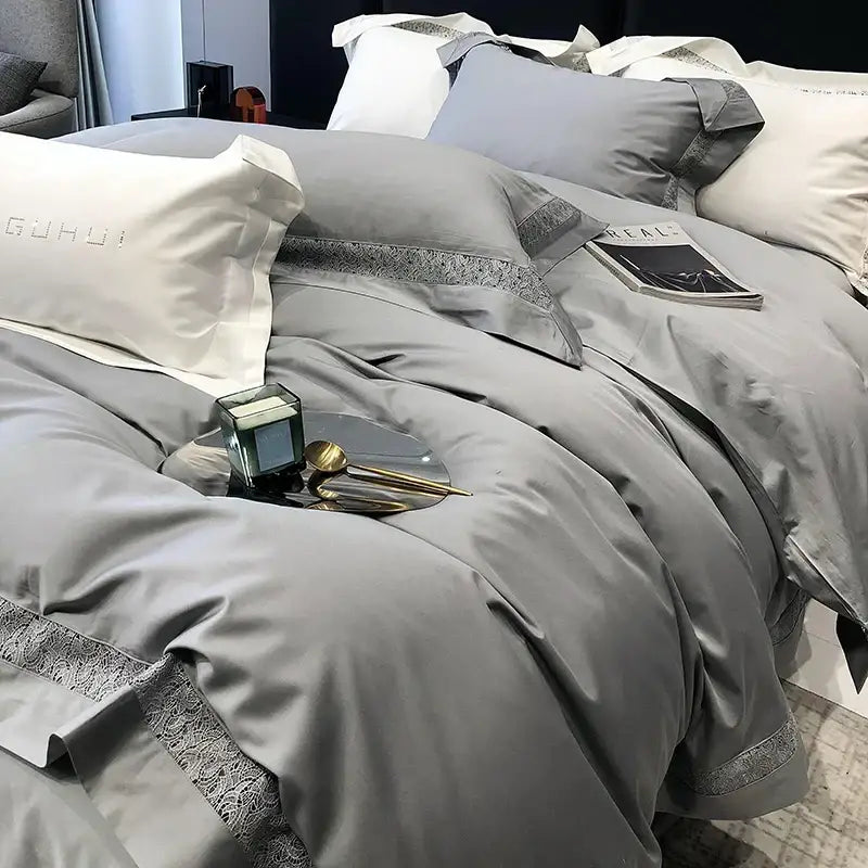 Luxury gray satin bedding set with grey hollow lace and subtle embroidery for elegant egyptian cotton decorbites decor