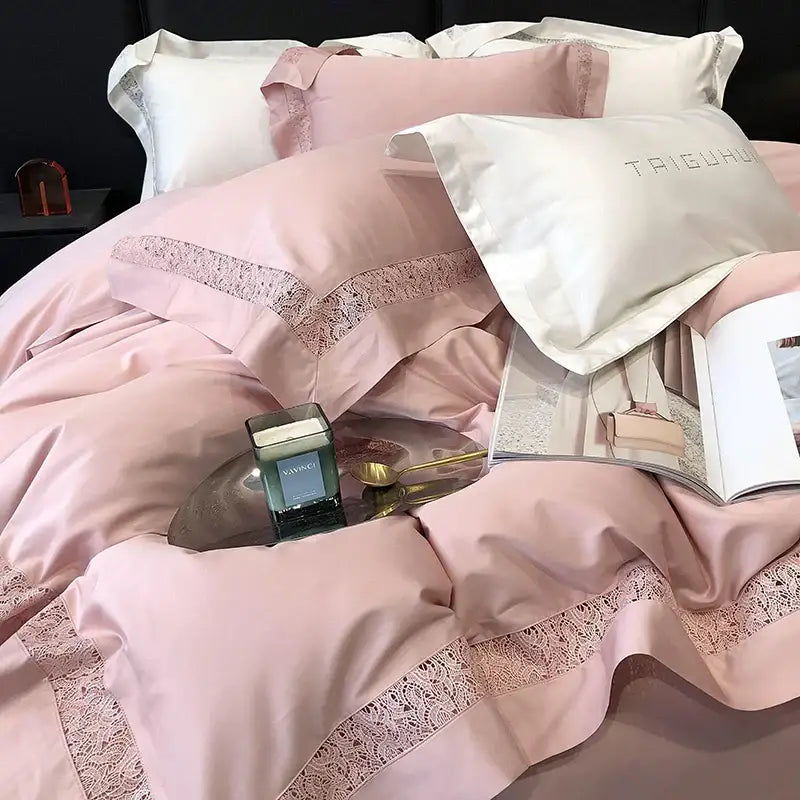 Pink satin bedding set with delicate lace trim and a white trieuhu pillow complements decorbites grey hollow lace cotton decor