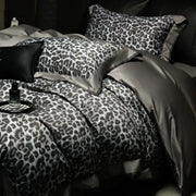 Grey leopard 1000tc egyptian cotton bedding set with black and white leopard print duvet and satin gray trim