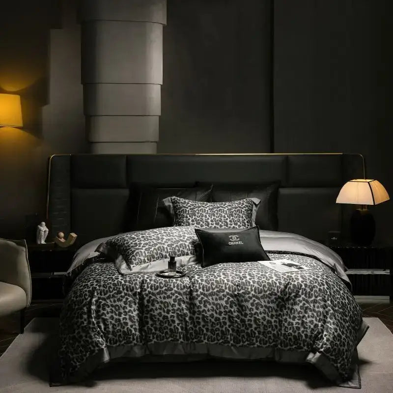 Grey leopard 1000tc egyptian cotton bedding set with black and gray leopard print and chanel logo pillow for decorbites 1000tc egyptian luxury