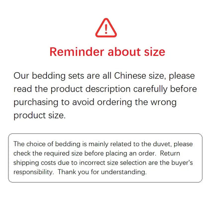 Red triangular warning symbol above bold red reminder about size text for grey leopard decorbites 1000tc egyptian cotton bedding set