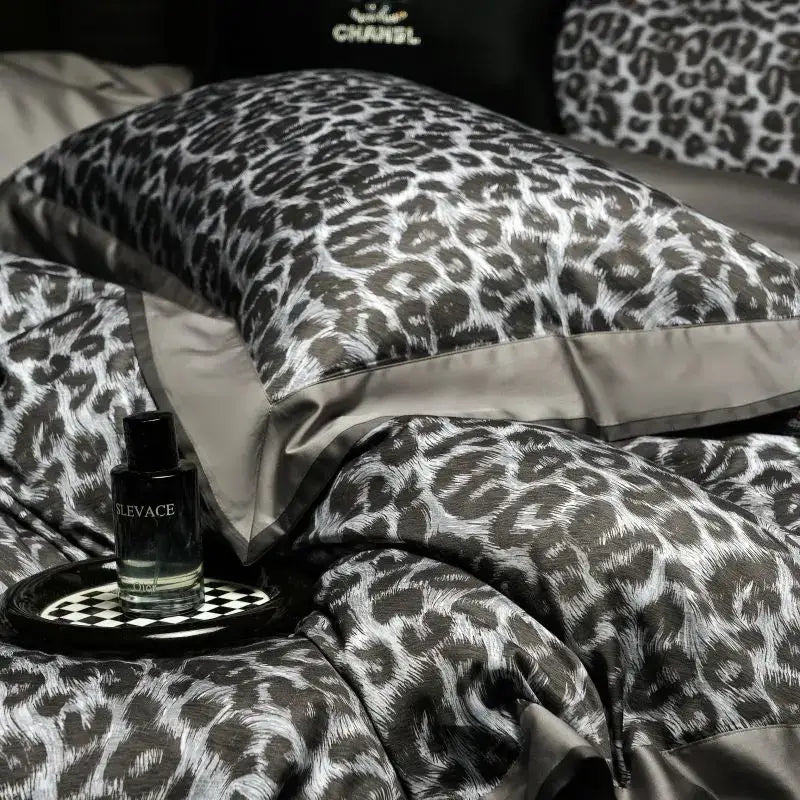Black and white leopard print satin pillowcase with sleek gray trim from decorbites 1000tc egyptian cotton bedding set