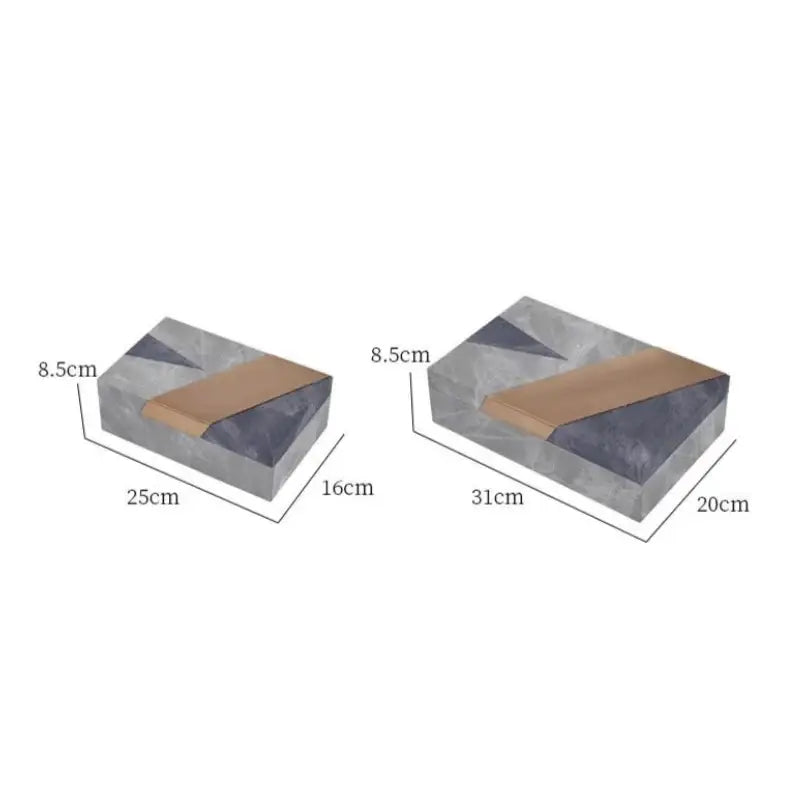Two rectangular concrete jewelry containers with grey marble pattern and tan leather accents for desktop organization