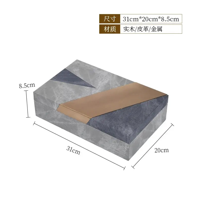 Rectangular grey marble pattern leather jewelry container with modern geometric design and gold and dark blue accents