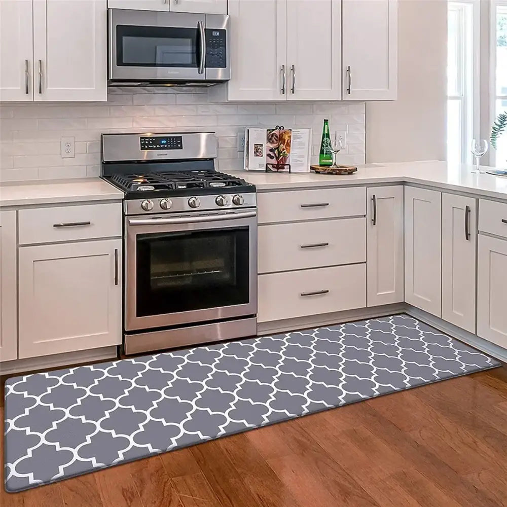 Gray and white quatrefoil patterned kitchen rug from decorbites grey plaid collection ideal for kitchen decor