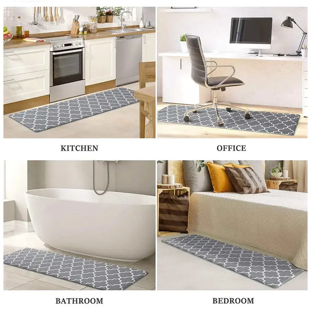 Gray plaid kitchen rug with white geometric quatrefoil pattern shown in kitchen office bathroom and bedroom decorbites gray plaid