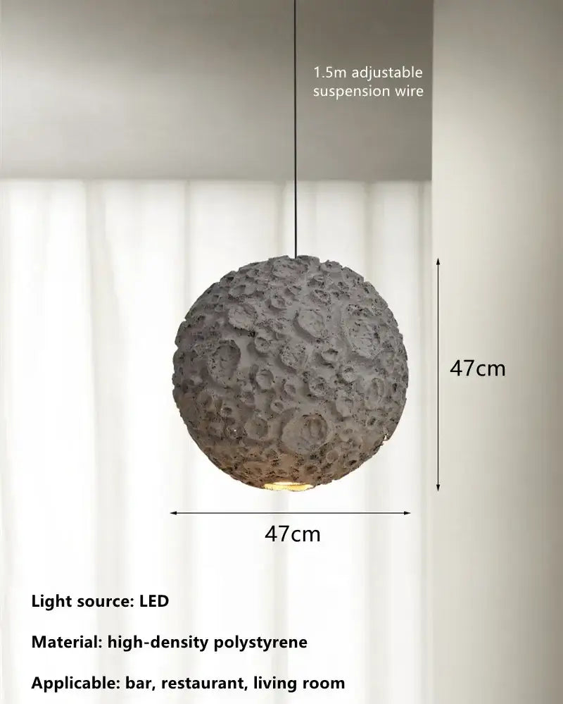 Gray spherical pendant light with textured cratered moon surface made of high-density polystyrene for living room decorbites grey wabi