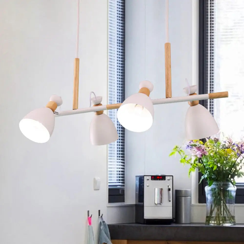 Lámpara de isla DecorBites™ gris/blanca/verde con forma de campana - Colgante nórdico de hierro de 4 luces con diseño giratorio y decoración de madera