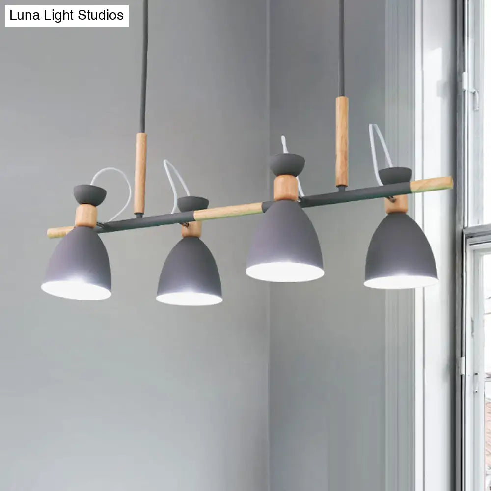 Lámpara de isla DecorBites™ gris/blanca/verde con forma de campana - Colgante nórdico de hierro de 4 luces con diseño giratorio y decoración de madera