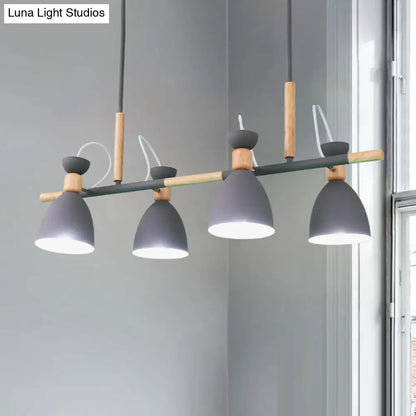 Lámpara de isla DecorBites™ gris/blanca/verde con forma de campana - Colgante nórdico de hierro de 4 luces con diseño giratorio y decoración de madera