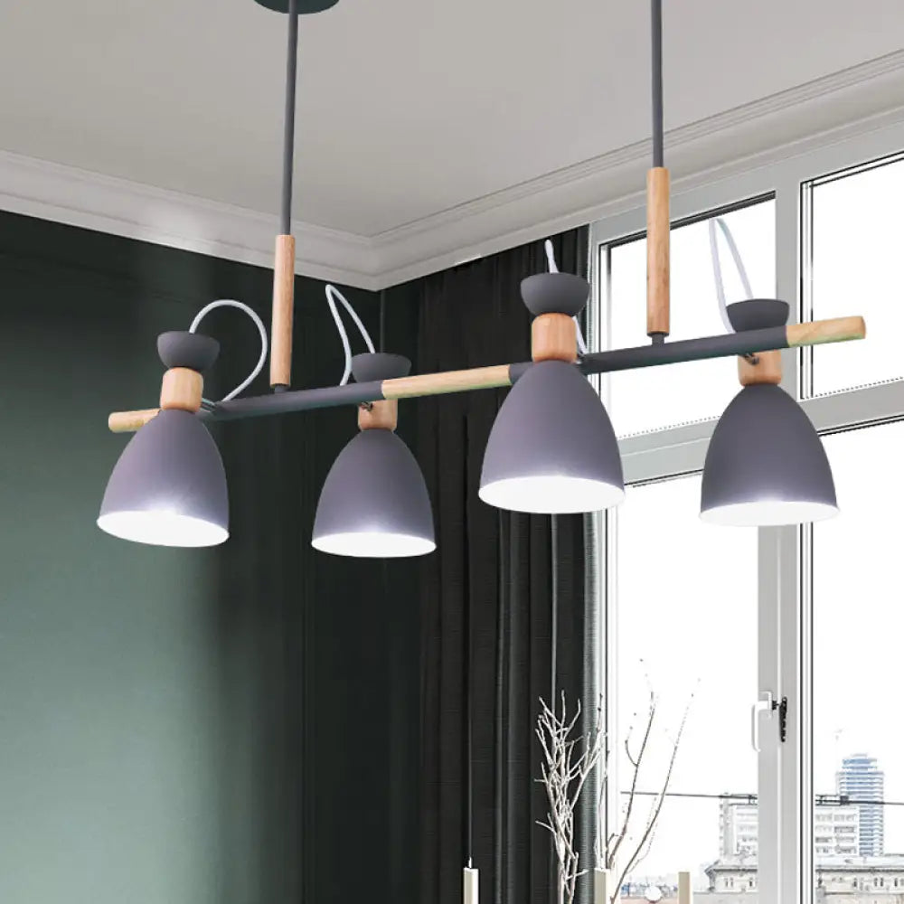 Lámpara de isla DecorBites™ gris/blanca/verde con forma de campana - Colgante nórdico de hierro de 4 luces con diseño giratorio y decoración de madera