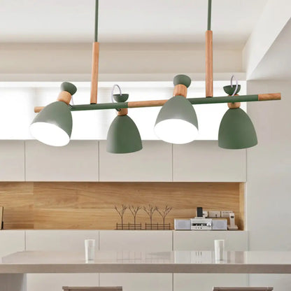 Lámpara de isla DecorBites™ gris/blanca/verde con forma de campana - Colgante nórdico de hierro de 4 luces con diseño giratorio y decoración de madera