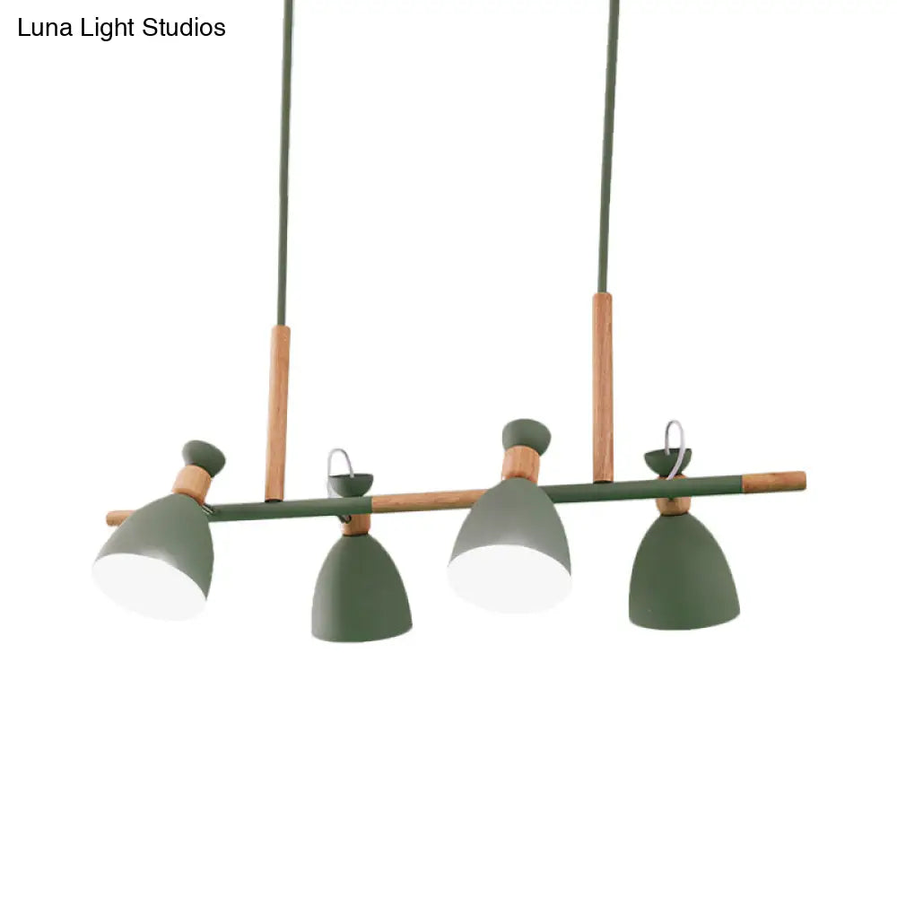 Lámpara de isla DecorBites™ gris/blanca/verde con forma de campana - Colgante nórdico de hierro de 4 luces con diseño giratorio y decoración de madera