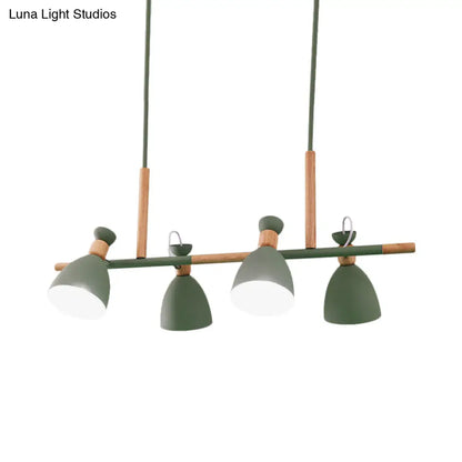 Lámpara de isla DecorBites™ gris/blanca/verde con forma de campana - Colgante nórdico de hierro de 4 luces con diseño giratorio y decoración de madera