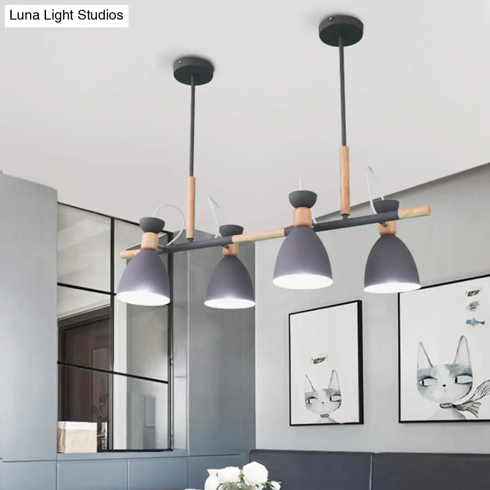 Lámpara de isla DecorBites™ gris/blanca/verde con forma de campana - Colgante nórdico de hierro de 4 luces con diseño giratorio y decoración de madera