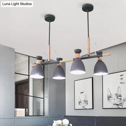 Lámpara de isla DecorBites™ gris/blanca/verde con forma de campana - Colgante nórdico de hierro de 4 luces con diseño giratorio y decoración de madera