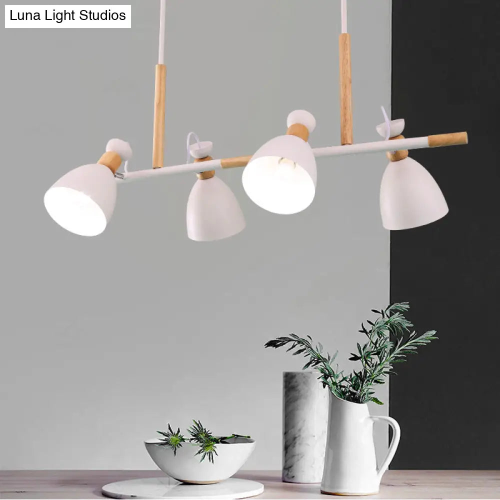 Lámpara de isla DecorBites™ gris/blanca/verde con forma de campana - Colgante nórdico de hierro de 4 luces con diseño giratorio y decoración de madera